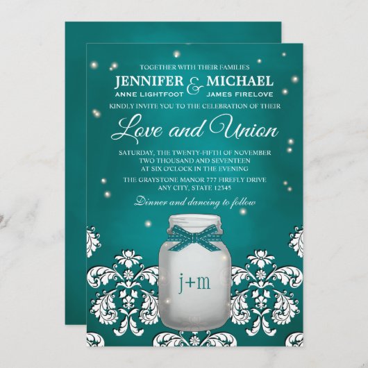 Blauwgroen Mason Jar met gevuurde bruiloft Kaart (Voorkant / Achterkant)