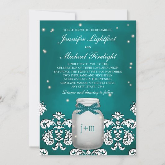 Blauwgroen Mason Jar met gevuurde bruiloft Kaart (Voorkant)