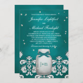 Blauwgroen Mason Jar met gevuurde bruiloft Kaart (Voorkant / Achterkant)