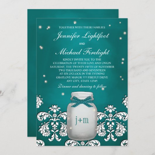 Blauwgroen Mason Jar met gevuurde bruiloft Kaart (Voorkant / Achterkant)
