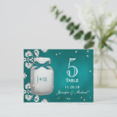 Blauwgroen Mason Jar met Vuurvliegjes Tafelnummer  (Staand voorkant)