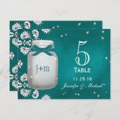 Blauwgroen Mason Jar met Vuurvliegjes Tafelnummer  (Voorkant / Achterkant)