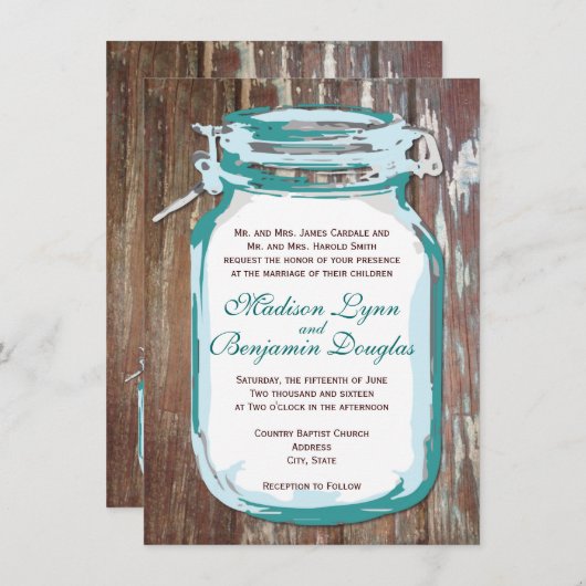 Blauwgroen Mason Jar Rustic Barn Wood Weddenschap Kaart (Voorkant / Achterkant)