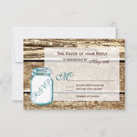Blauwgroen Mason Jar Rustic Barn Wood Wedding RSVP (Voorkant)