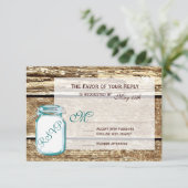 Blauwgroen Mason Jar Rustic Barn Wood Wedding RSVP (Staand voorkant)