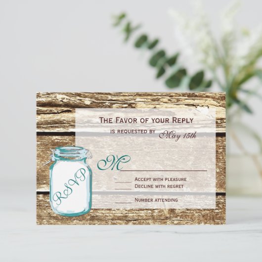 Blauwgroen Mason Jar Rustic Barn Wood Wedding RSVP (Staand voorkant)