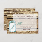 Blauwgroen Mason Jar Rustic Barn Wood Wedding RSVP (Voorkant / Achterkant)