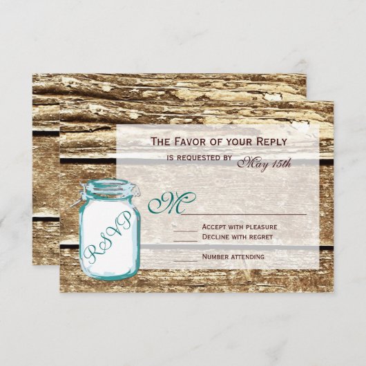 Blauwgroen Mason Jar Rustic Barn Wood Wedding RSVP (Voorkant / Achterkant)