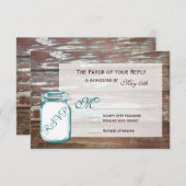 Blauwgroen Mason Jar Rustic Barn Wood Wedding RSVP (Voorkant / Achterkant)