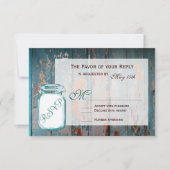 Blauwgroen Mason Jar Rustic Barn Wood Wedding RSVP Kaartje (Voorkant)