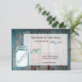 Blauwgroen Mason Jar Rustic Barn Wood Wedding RSVP Kaartje (Staand voorkant)