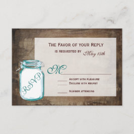 Blauwgroen Mason Jar Rustic Brown Wedding RSVP-kaa RSVP Kaartje