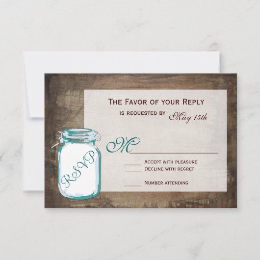 Blauwgroen Mason Jar Rustic Brown Wedding RSVP-kaa RSVP Kaartje (Voorkant)