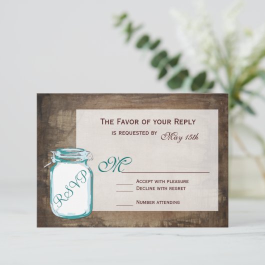 Blauwgroen Mason Jar Rustic Brown Wedding RSVP-kaa RSVP Kaartje (Staand voorkant)