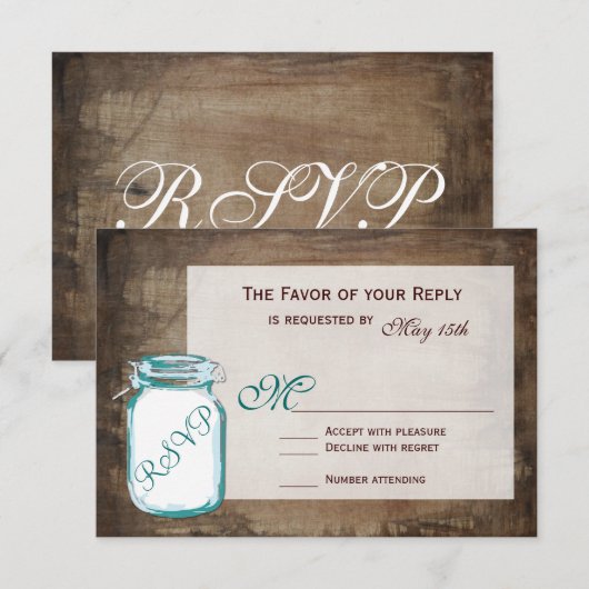 Blauwgroen Mason Jar Rustic Brown Wedding RSVP-kaa RSVP Kaartje (Voorkant / Achterkant)