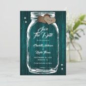 Blauwgroen Mason Jar Rustic Country Barn Wood Wedd Save The Date (Staand voorkant)