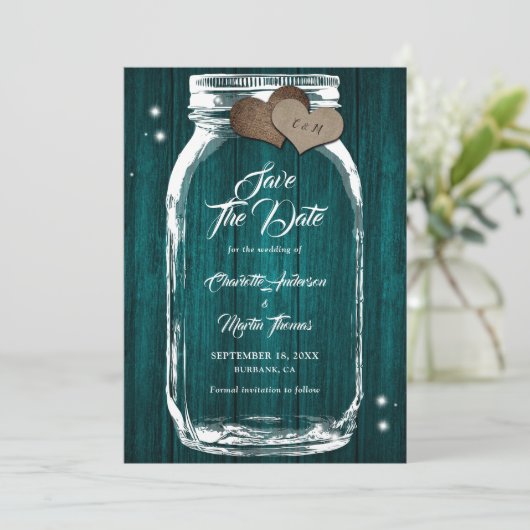 Blauwgroen Mason Jar Rustic Country Barn Wood Wedd Save The Date (Staand voorkant)