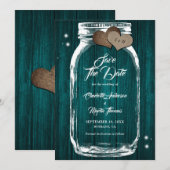 Blauwgroen Mason Jar Rustic Country Barn Wood Wedd Save The Date (Voorkant / Achterkant)