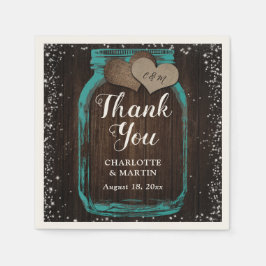 Blauwgroen Mason Jar Rustic Wood Dank u bruiloft Servet