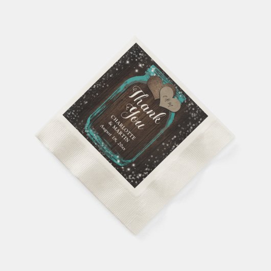 Blauwgroen Mason Jar Rustic Wood Dank u bruiloft Servet (Hoek)