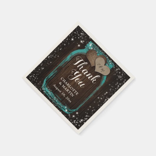 Blauwgroen Mason Jar Rustic Wood Dank u bruiloft Servet (Hoek)