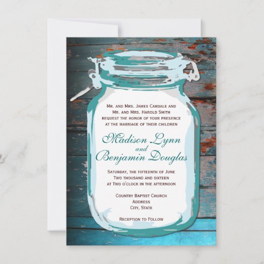Blauwgroen Mason Jar Rustic Wood Wedding Invitatio Kaart (Voorkant)