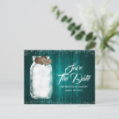 Blauwgroen Mason Jar Rustiek Hout Bruiloft Save Th Aankondigingskaart (Staand voorkant)