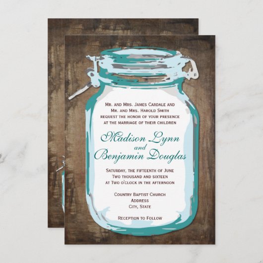 Blauwgroen Mason Jar Rustiek Land Bruiloft Uitnodi Kaart (Voorkant / Achterkant)