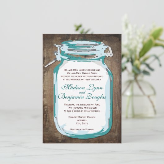 Blauwgroen Mason Jar Rustiek Land Bruiloft Uitnodi Kaart (Staand voorkant)