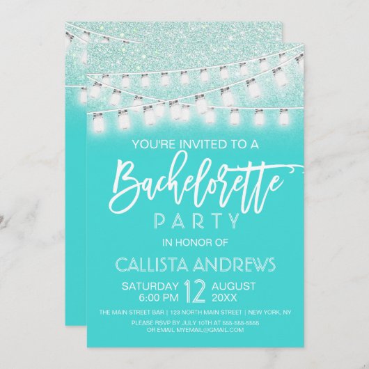 Blauwgroen Mason Jar String Lights Glitter Bachelo Kaart (Voorkant / Achterkant)