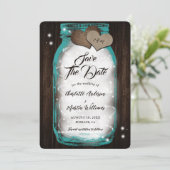 Blauwgroen Mason Jar String Lights Schuur Hout Wed Save The Date (Staand voorkant)