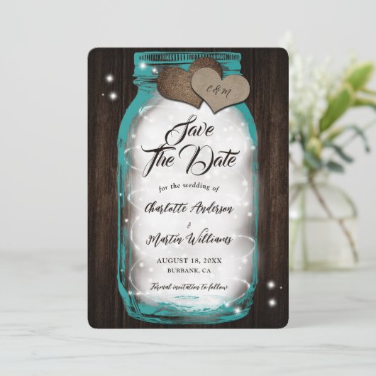 Blauwgroen Mason Jar String Lights Schuur Hout Wed Save The Date (Staand voorkant)