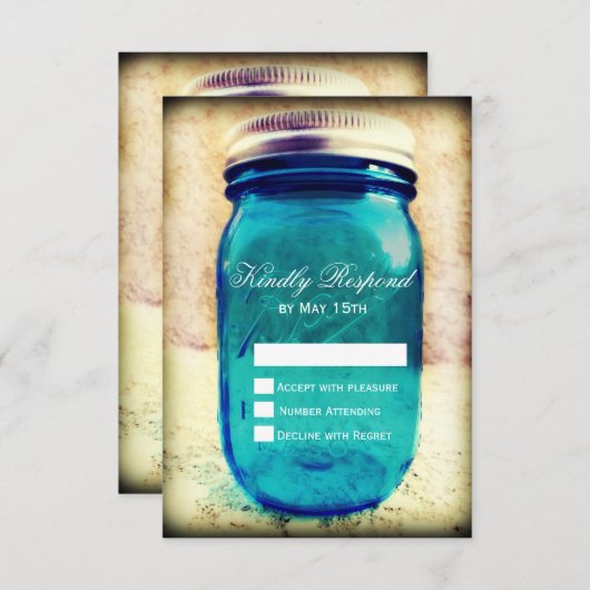 Blauwgroen Mason Jar Wedding RSVP-kaarten in Rusti RSVP Kaartje (Voorkant / Achterkant)