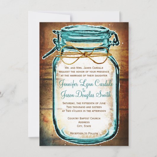 Blauwgroen Mason Jar Wood Rustic Wedding Invitatio Kaart (Voorkant)