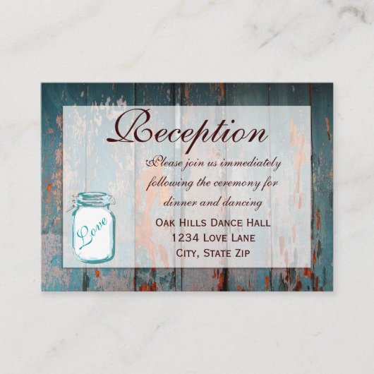 Blauwgroen Mason Jar Wood Weddenschappen Informatiekaartje (Voorkant)