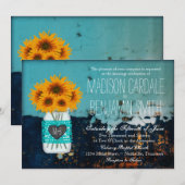 Blauwgroen Mason Jar Zonnebloemen Rustieke bruilof Kaart (Voorkant / Achterkant)