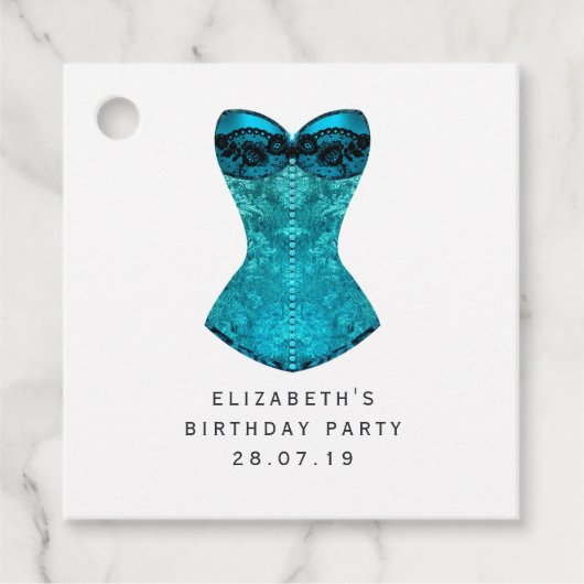 Blauwgroen Masquerade Corset en Harlequin Pattern Bedankjes Labels (Voorkant)