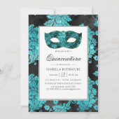  Blauwgroen Masquerade Damask Quinceañera Kaart (Voorkant)