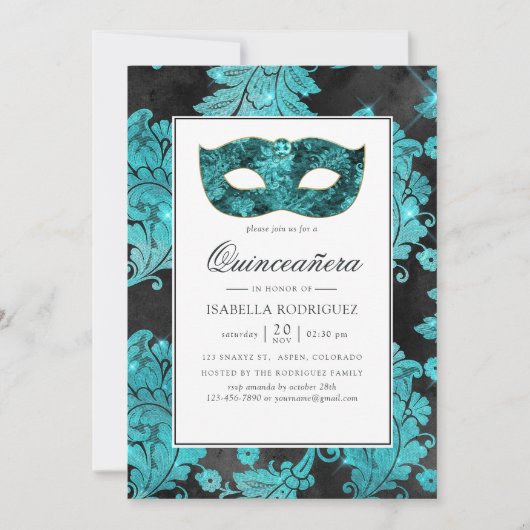 Blauwgroen Masquerade Damask Quinceañera Kaart (Voorkant)