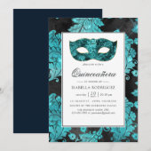  Blauwgroen Masquerade Damask Quinceañera Kaart (Voorkant / Achterkant)