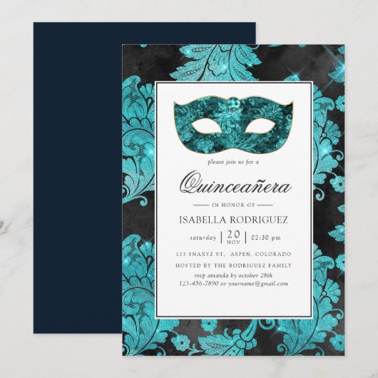  Blauwgroen Masquerade Damask Quinceañera Kaart (Voorkant / Achterkant)