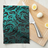 Blauwgroen Masquerade Damask Stylish Kitchen Towel Theedoek (Quarter Fold)