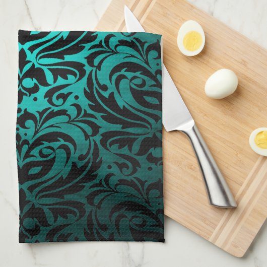 Blauwgroen Masquerade Damask Stylish Kitchen Towel Theedoek (Quarter Fold)