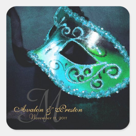 Blauwgroen Masquerade Elegante Monogram Sticker (Voorkant)