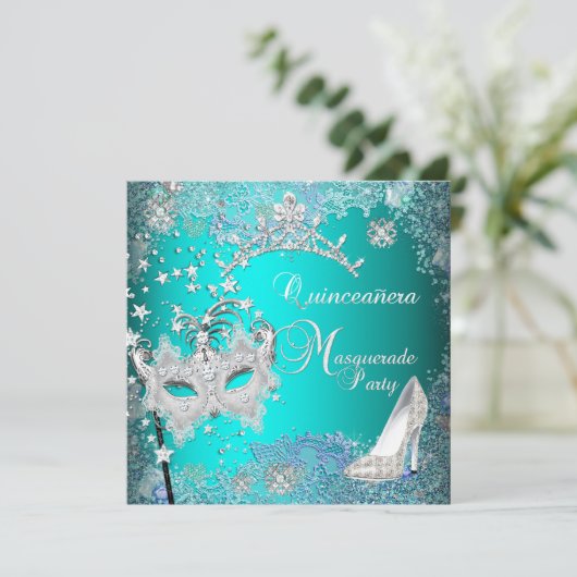 Blauwgroen Masquerade Quinceanera 15th Party Tiara Kaart (Staand voorkant)