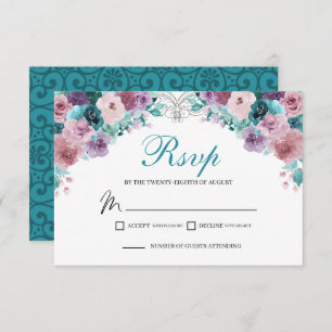 Blauwgroen & Mauve Bloemen RSVP Behuizing Kaart