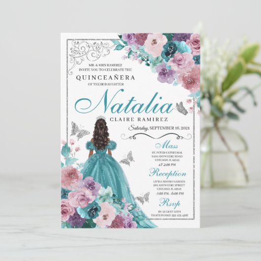 Blauwgroen & Mauve Ocean Sunset Princess Quinceane Kaart (Staand voorkant)