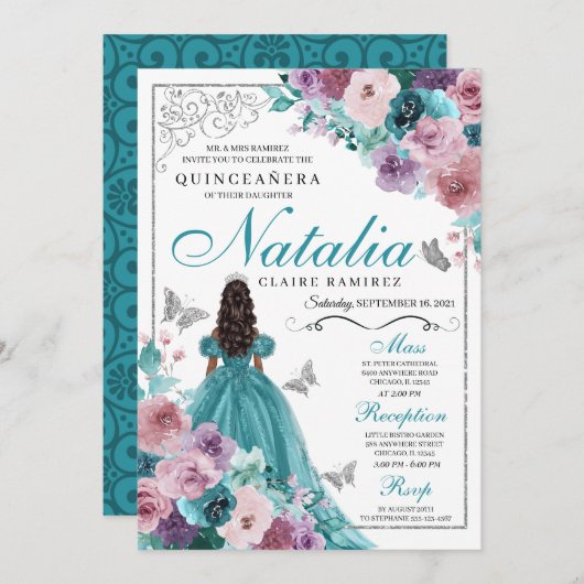 Blauwgroen & Mauve Ocean Sunset Princess Quinceane Kaart (Voorkant / Achterkant)