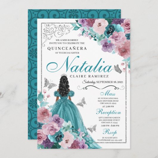 Blauwgroen & Mauve Ocean Sunset Princess Quinceane Kaart (Voorkant / Achterkant)