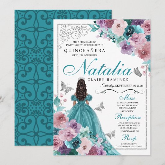 Blauwgroen & Mauve Ocean Sunset Princess Quinceane Kaart (Voorkant / Achterkant)
